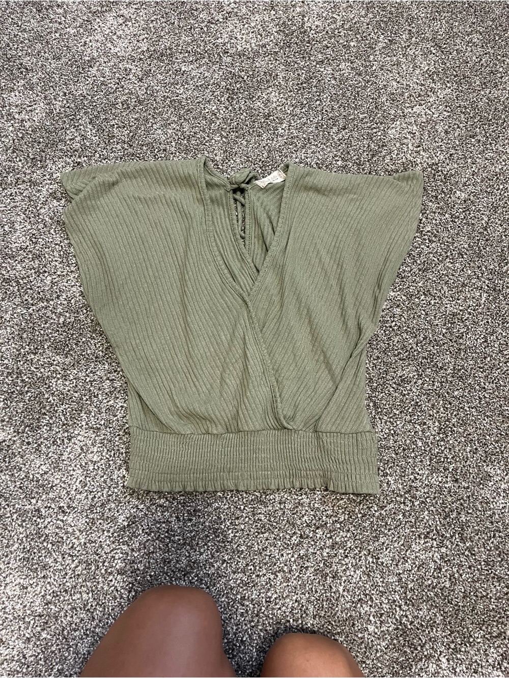 Light Olive Green Ribbed V-Neck Women’s Top